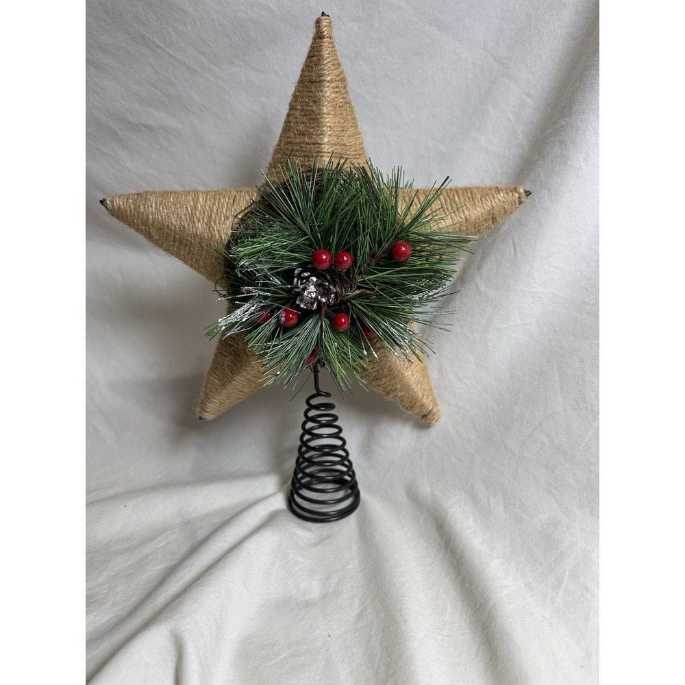Rustic Burlap Star Christmas Tree Topper w Pine Berry Center Spring‎ Base